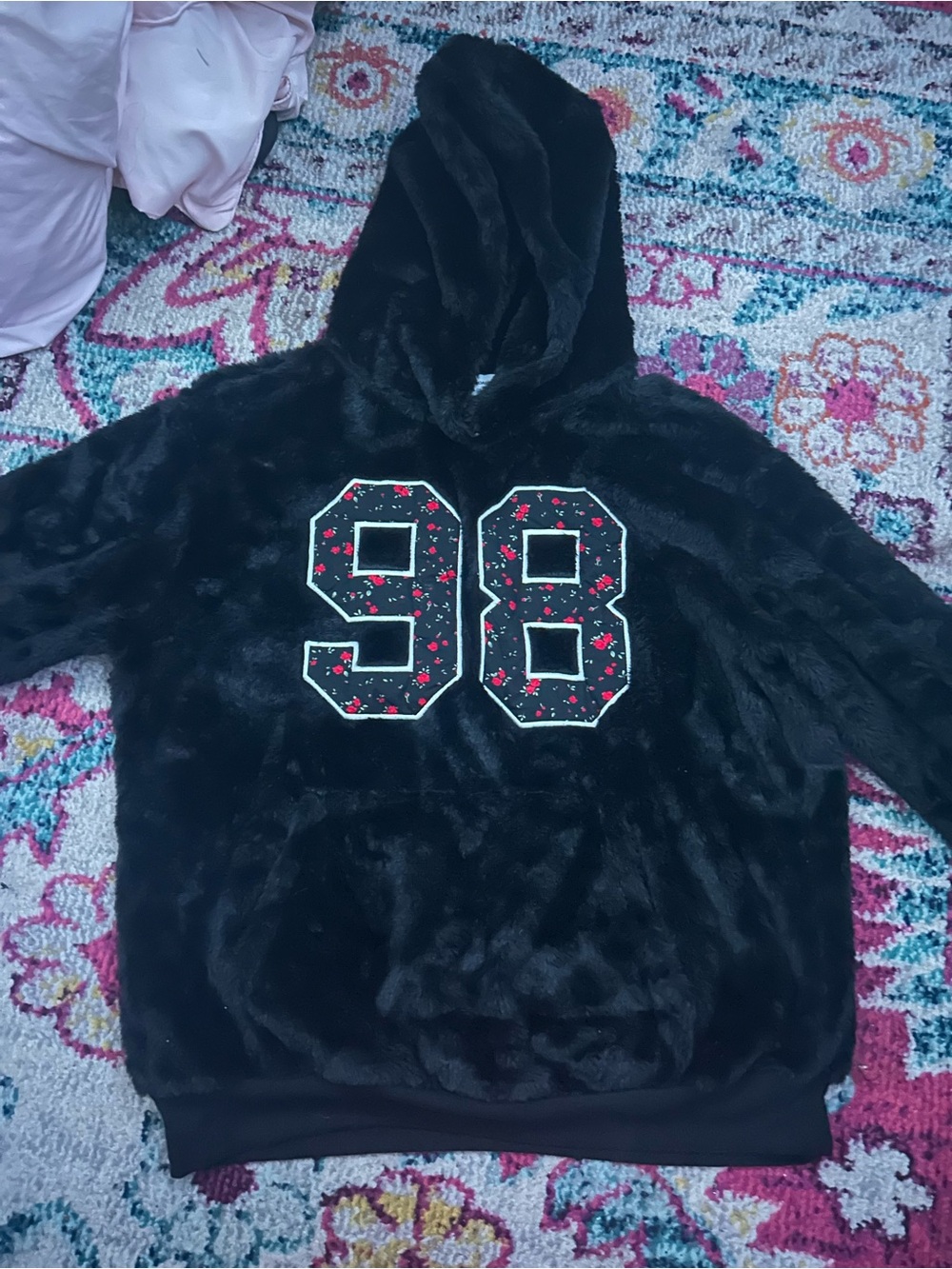 No Boundaries Black Faux-Fur Hoodie with Floral '98 Appliqué